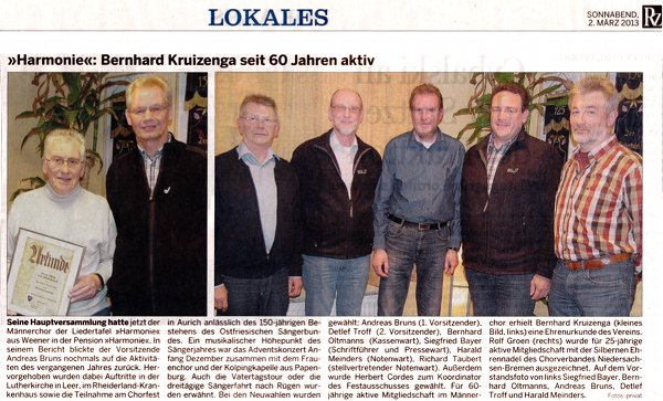 Bericht der Rheiderland-Zeitung vom 2.3.2013 zur Jahreshauptversammlung des Männerchors der Liedertafel Harmonie
