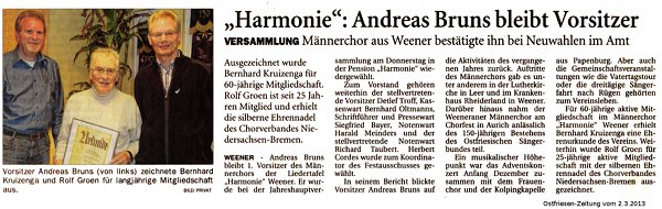 Bericht der Ostfriesen-Zeitung vom 2.3.2013 zur Jahreshauptversammlung des Männerchors der Liedertafel Harmonie