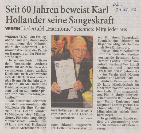 Ehrung von Karl Hollander zum 60jährigen Vereinsjubiläum - Ostfriesen-Zeitung vom 31.12.2013