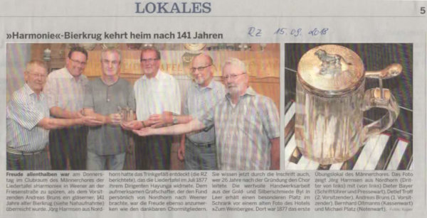 Bericht über die Rückkehr des Bierkrugs in der Rheiderland-Zeitung